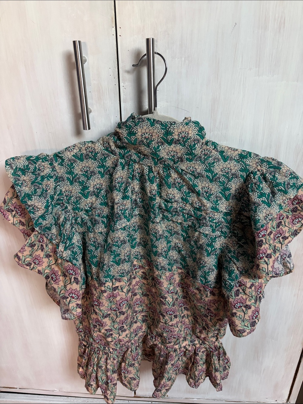 LetMeBE Women’s Floral Ruffle Blouse - Green and Beige